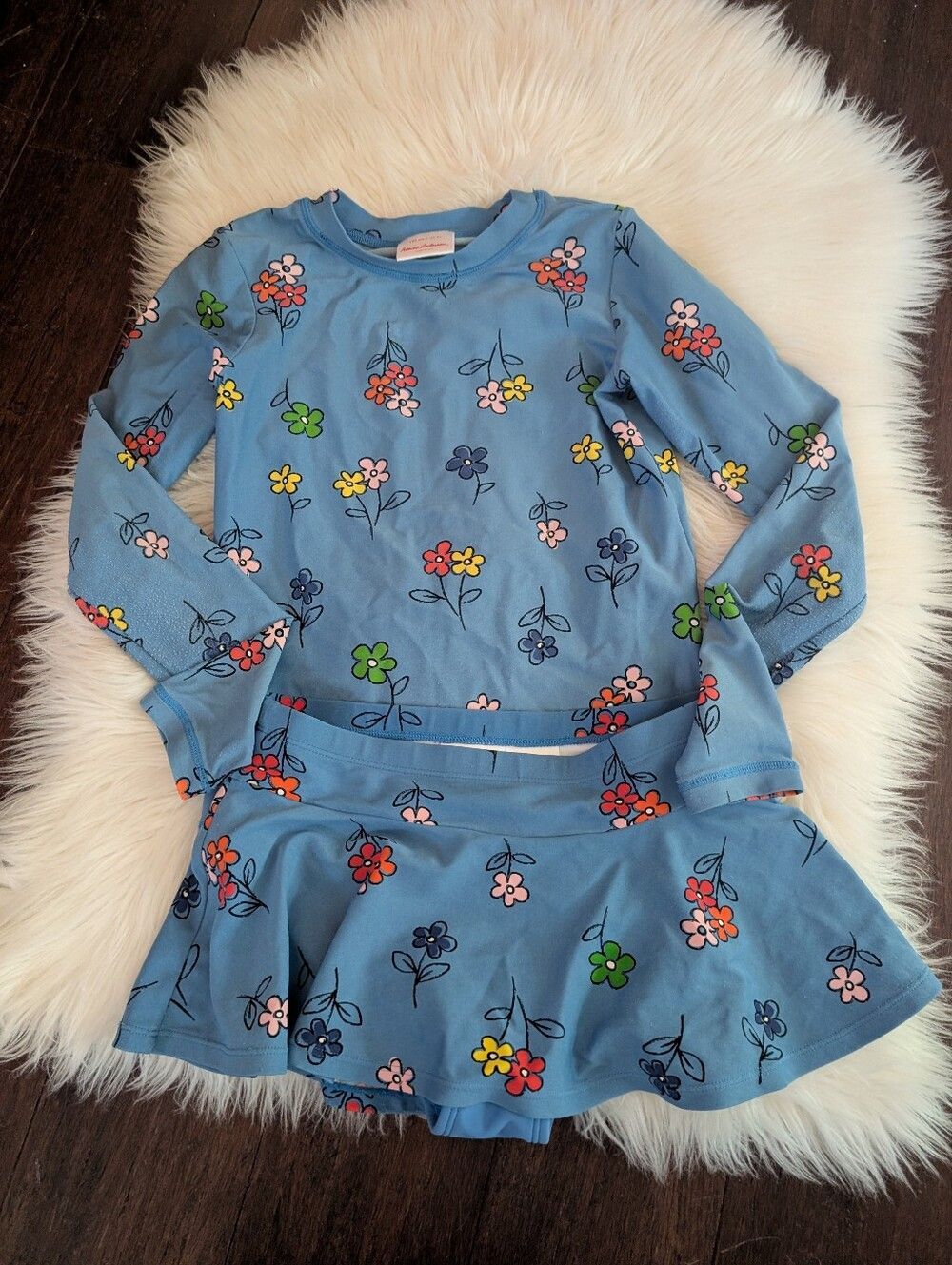 Hanna Andersson Light Blue Floral Long Sleeve Rash Guard Skirt Two Piece Size 10
